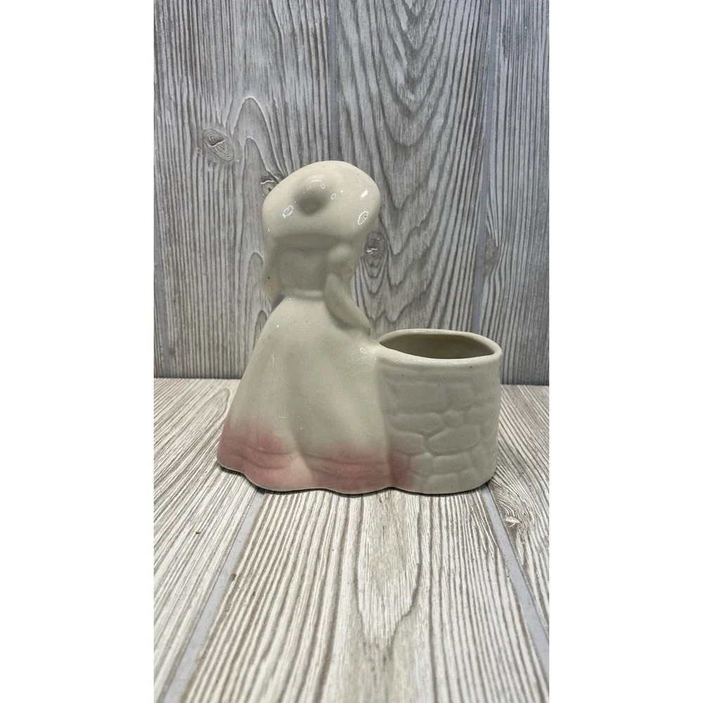 Vintage Ceramic Victorian Lady Planter Sun Hat Figurine Pink Blue Pastel Well